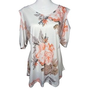 XL Floral Peekaboo Shoulder V-Neck Top Peach & Taupe